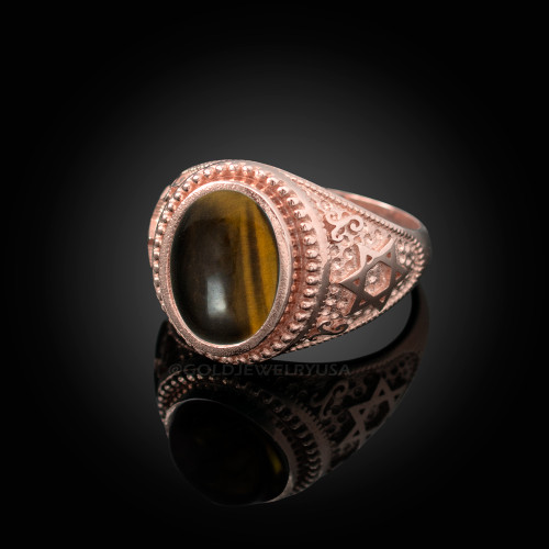 Rose Gold Star of David Tiger Eye Gemstone Jewish Statement Ring
