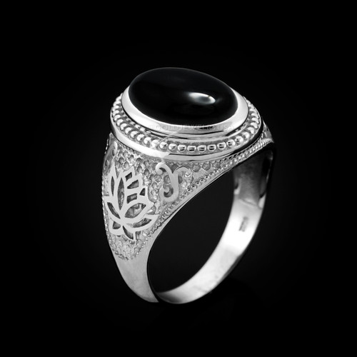 White Gold Lotus Yoga Mantra Black Onyx Statement Ring