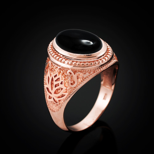 Rose Gold Lotus Yoga Mantra Black Onyx Statement Ring