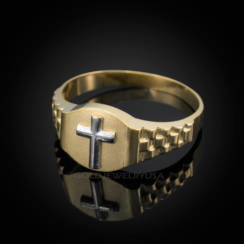 Two-Tone Gold Christian Religious Cross Round Watchband Ring