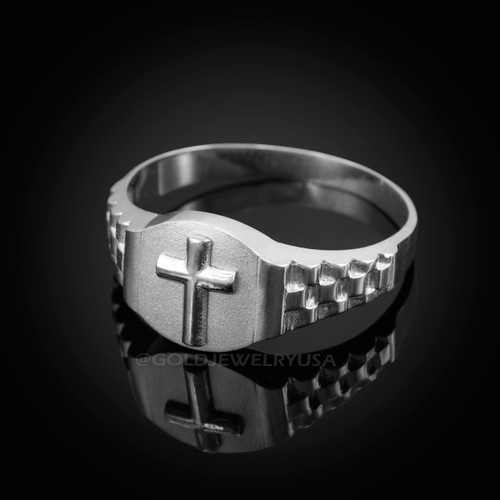 White Gold Christian Religious Cross Round Watchband Ring