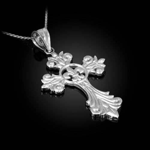 White Gold Fleur-de-Lis Cross Pendant Necklace