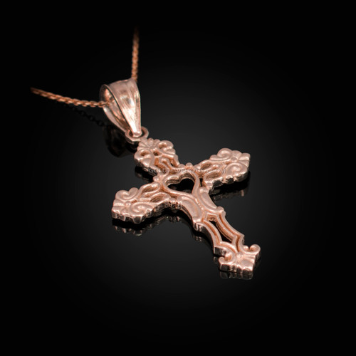 Rose Gold Open Heart Cross Charm Pendant Necklace