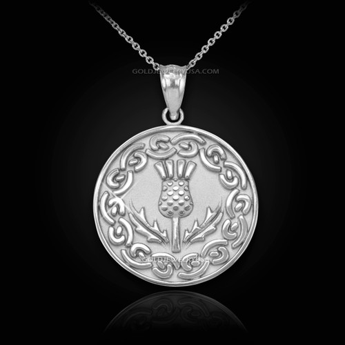 White Gold Scottish Thistle Medallion Pendant Necklace
