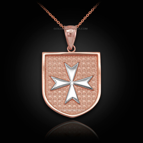 Two-Tone Rose Gold Knights Hospitaller Maltese Cross Badge Pendant Necklace
