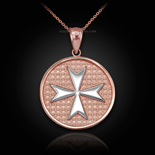 Two-Tone Rose Gold Knights Templar Maltese Cross Medal Pendant Necklace