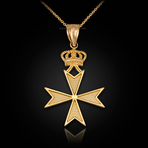Yellow Gold Maltese Cross Royal Crown Pendant Necklace