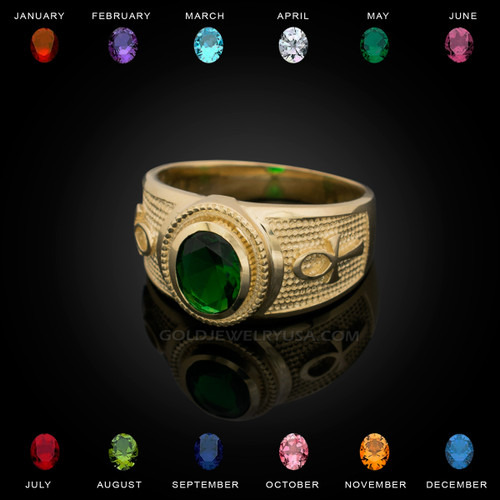 Gold Egyptian Ankh Cross Birthstone CZ Unisex Ring
