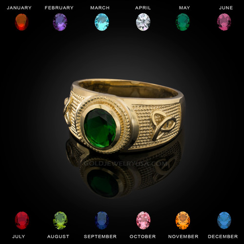 Yellow Gold Celtic Trinity Band Birthstone CZ Ring