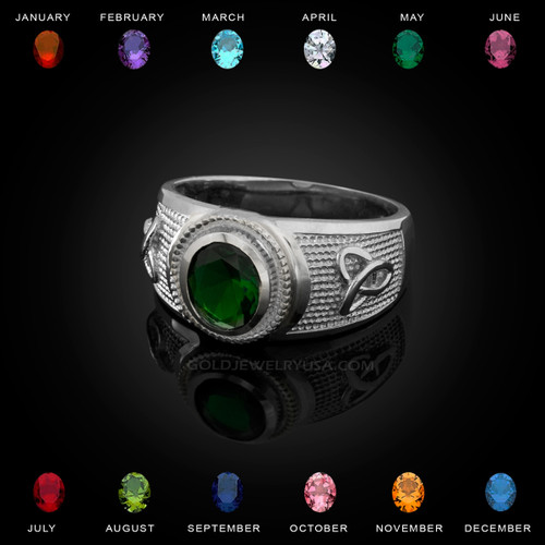 White Gold Celtic Trinity Band Birthstone CZ Ring