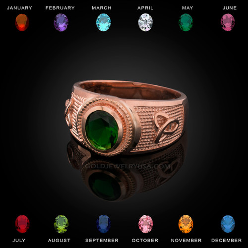 Rose Gold Celtic Trinity Band Birthstone CZ Ring