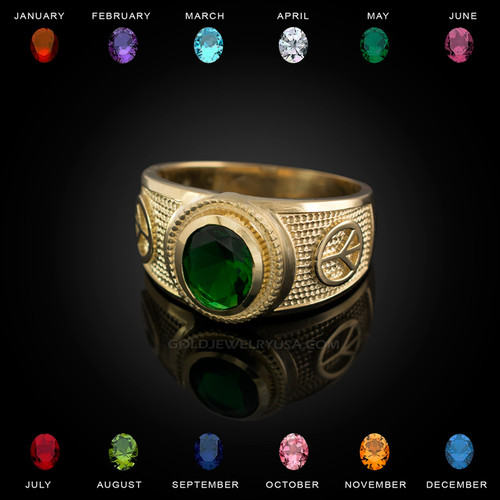 Gold Peace Sign Band CZ Birthstone Ring