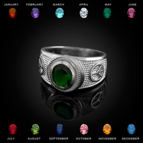 White Gold Peace Sign Band CZ Birthstone Ring