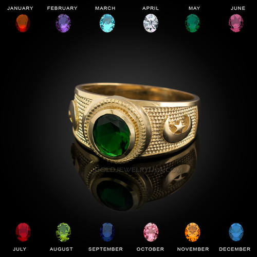 Yellow Gold Islamic Crescent moon CZ Birthstone Ring