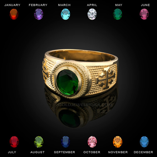 Gold Jerusalem Cross Birthstone CZ Ring