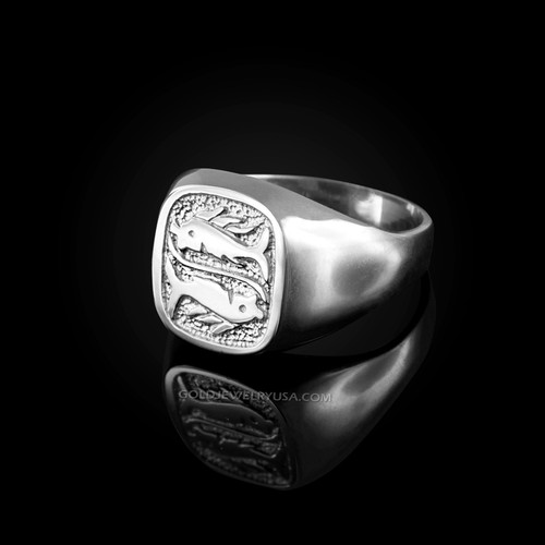 White Gold Pisces Mens Zodiac Ring