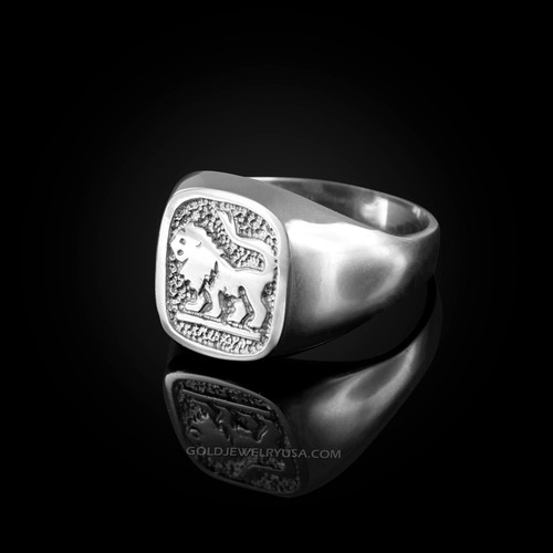 White Gold Leo Mens Zodiac Ring