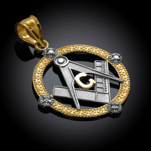 Two-Tone Gold Round Diamond Masonic Pendant