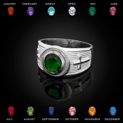 White Gold Christian Cross CZ Birthstone Ring