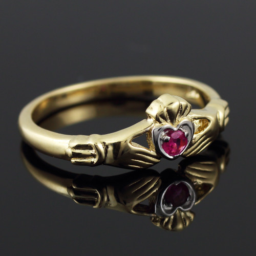Dainty Gold Claddagh Promise Ring with Ruby