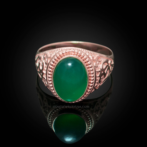 Rose Gold Om Green Onyx Oval Gemstone Mens Ring