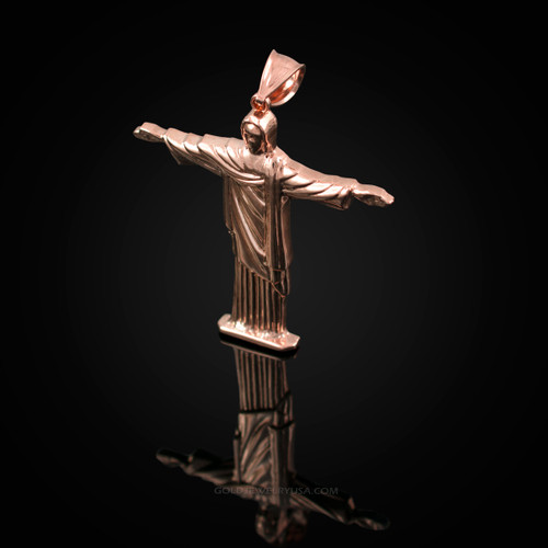 Polished Rose Gold Jesus Christ The Redeemer Cross Brazil Rio Statue Pendant