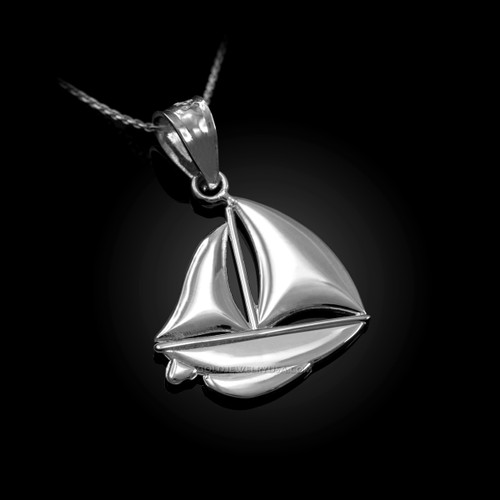 Polished White Gold Sail Boat Pendant Necklace