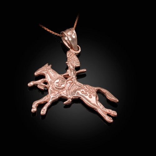 Solid Rose Gold Indian Chief Horse Rider Pendant Necklace