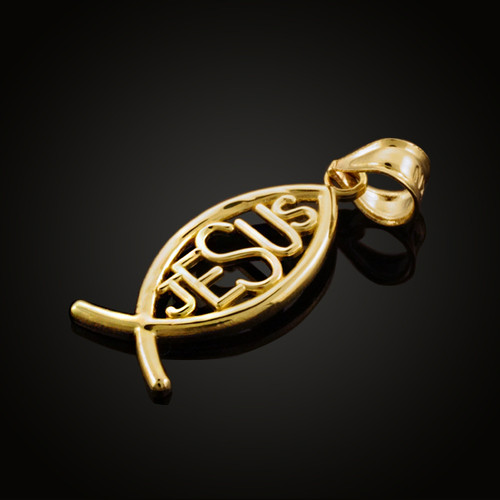 Yellow Gold Ichthus JESUS Inscribed Vertical Pendant