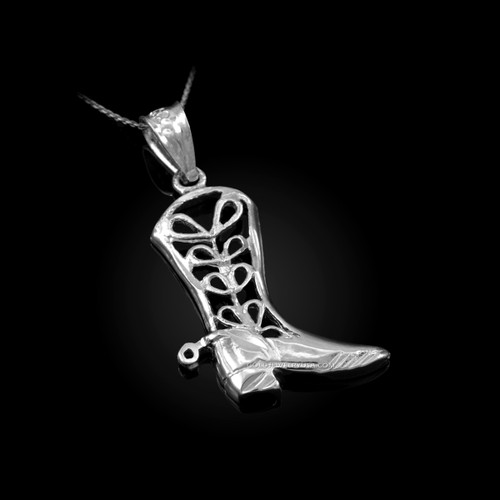 White Gold Filigree Cowboy Boot Pendant Necklace