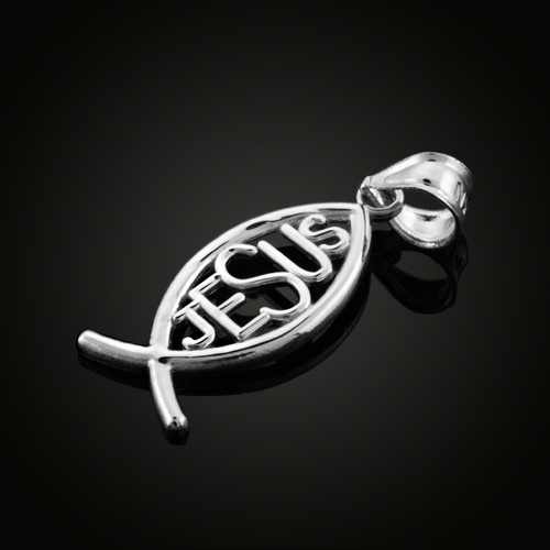 White Gold Ichthus JESUS Inscribed Vertical Pendant