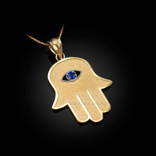 Yellow Gold Hamsa Blue CZ Evil Eye Pendant Necklace