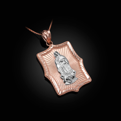 Two-Tone Rose & White Gold  Virgin Mary DC Pendant Necklace