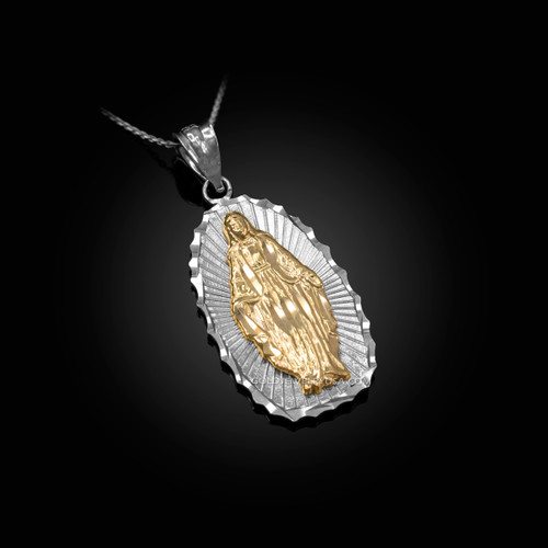 Two-Tone White & Yellow Gold  of Virgin Mary DC Pendant Necklace