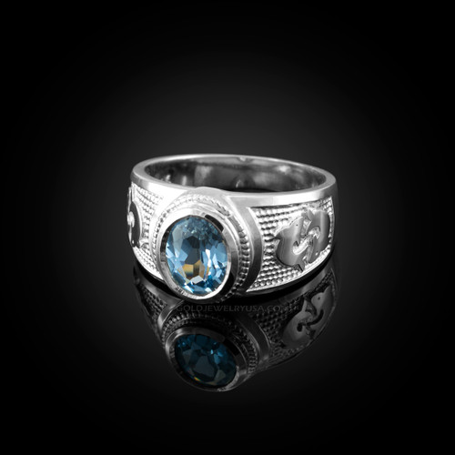 White Gold Pisces Zodiac Sign March Birthstone Aqua CZ Ring