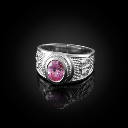White Gold Libra Zodiac Sign October Birthstone Pink CZ Ring
