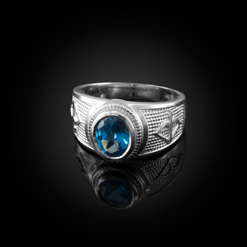 White Gold Sagittarius Zodiac Sign December Birthstone Blue CZ Ring