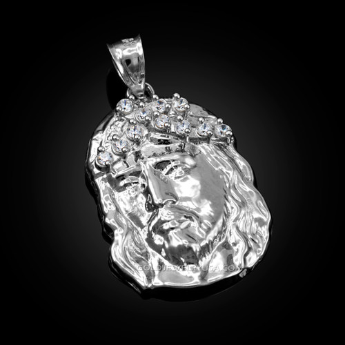 White Gold Jesus Face CZ Pendant (S/L)