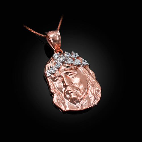 Rose Gold Jesus Face CZ Charm Necklace