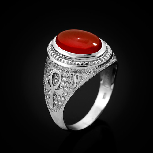 White Gold Egyptian Ankh Cross Red Onyx Statement Ring