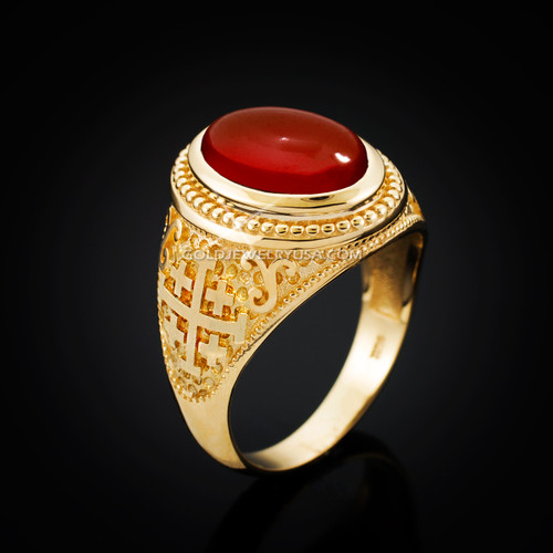 Yellow Gold Jerusalem Cross Red Onyx Gemstone Statement Ring