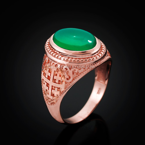 Rose Gold Jerusalem Cross Green Onyx Gemstone Statement Ring