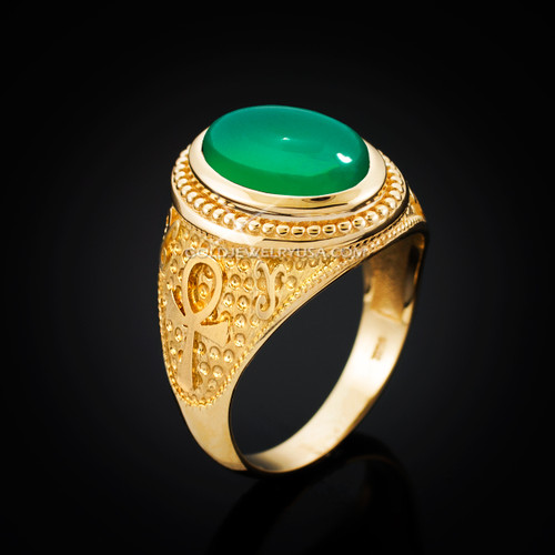 Yellow Gold Egyptian Ankh Cross Green Onyx Statement Ring