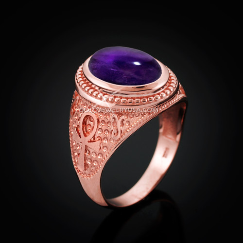 Rose Gold Egyptian Ankh Cross Purple Amethyst Statement Ring