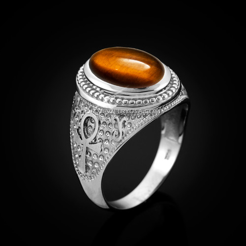 White Gold Egyptian Ankh Cross Tiger Eye Statement Ring