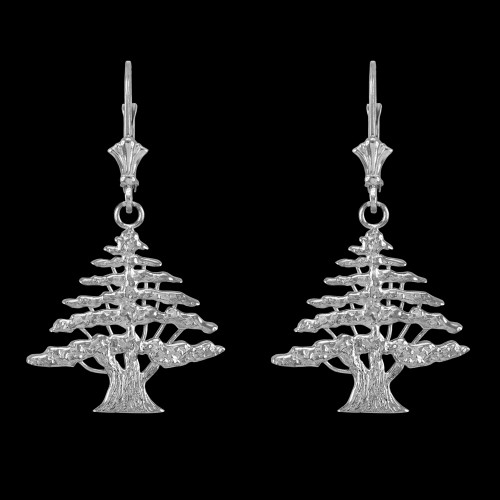 14K White Gold Cedar Tree of Lebanon Earrings