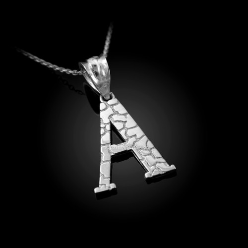 White Gold Nugget Initial Letter "A" Pendant Necklace