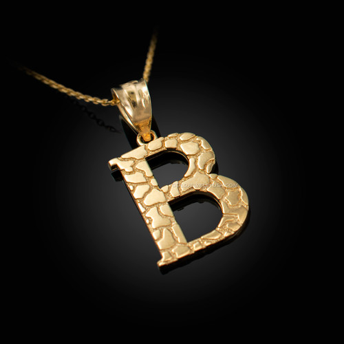 Yellow Gold Nugget Initial Letter "B" Pendant Necklace