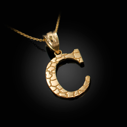 Yellow Gold Nugget Initial Letter "C" Pendant Necklace
