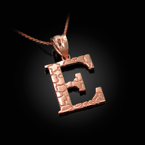 Rose Gold Nugget Initial Letter "E" Pendant Necklace